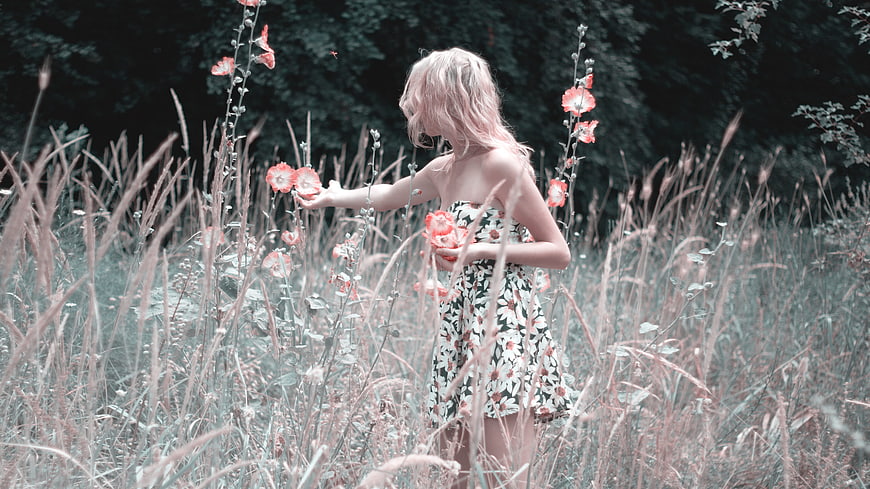 Young woman in floral dress touching flowers in a field