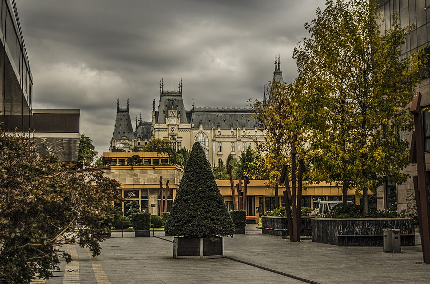 Dramatic View of Paris Grand Palais Through Urban Plaza