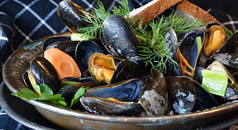 Steamed Mussels With Dill And Bread In Rustic Ceramic Bowl