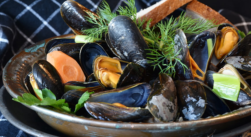 Steamed Mussels With Dill And Bread In Rustic Ceramic Bowl