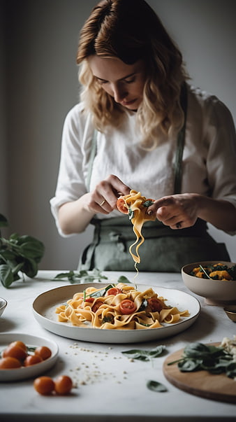 Woman Plating Fresh Pasta with Tomatoes and Basil