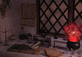 3D Rendered Witch's Apothecary Interior With Bubbling Cauldron