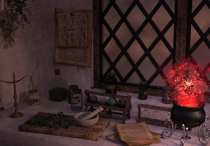3D Rendered Witch's Apothecary Interior With Bubbling Cauldron