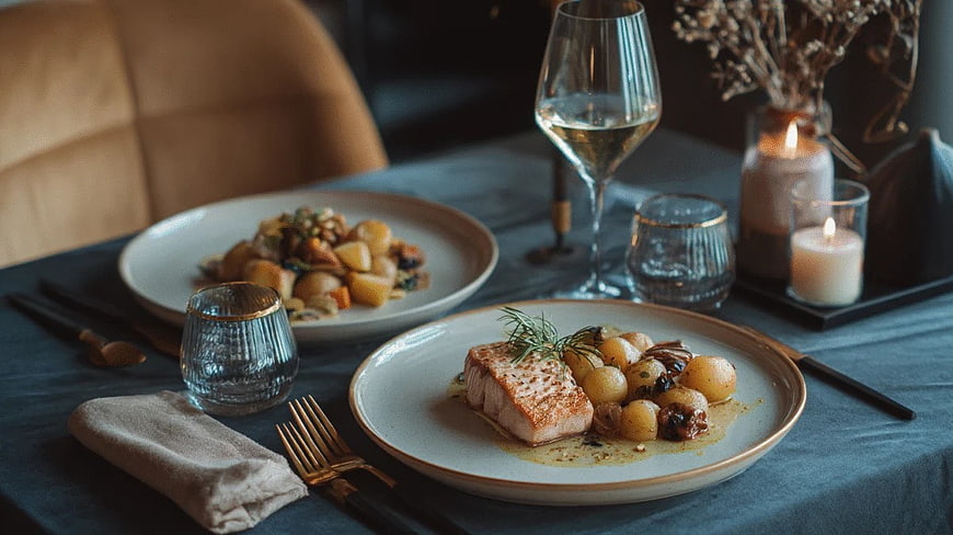 Elegant Dinner Setting with Grilled Salmon and Potatoes