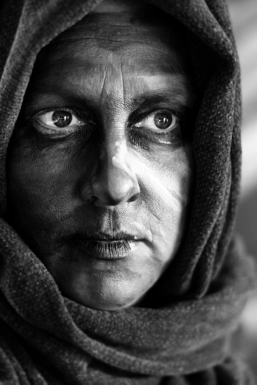 Black and White Portrait of Woman in Hijab