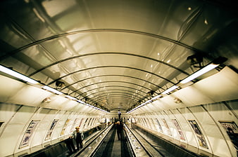 Fisheye view of Prague metro escalator tunnel