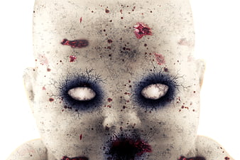 Close-up of a creepy, damaged horror doll face with blood splatters