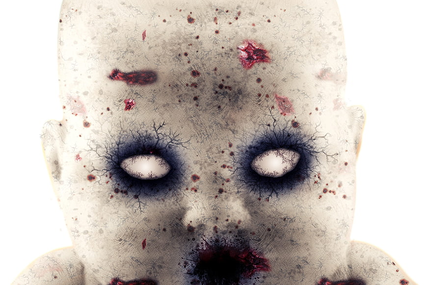 Close-up of a creepy, damaged horror doll face with blood splatters