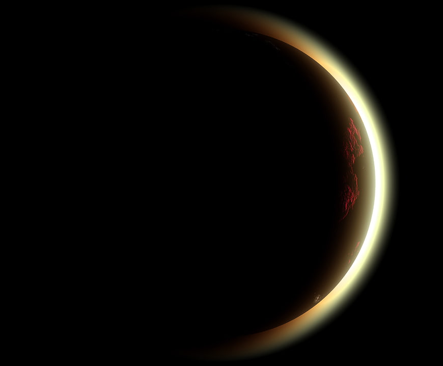 Dark Planet with Glowing Atmosphere and Red Surface Details