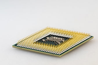 Close-up of CPU Processor with Gold Pins on White Background