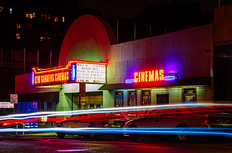 New Gardens Cinemas at Night with Long Exposure Car Light Trails