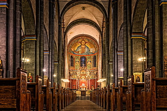 Interior of Orthodox Cathedral with Mosaic and Pews