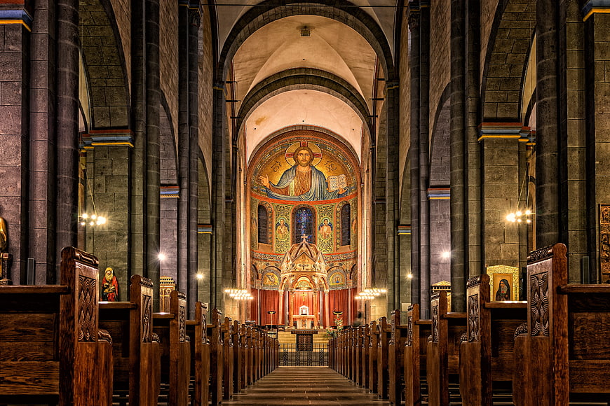 Interior of Orthodox Cathedral with Mosaic and Pews