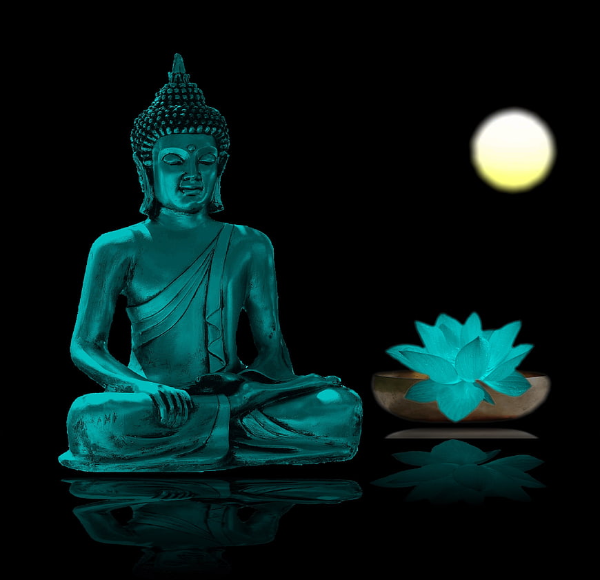 Teal Buddha Statue with Lotus Flower and Moon Reflection