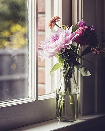 Pink and purple flowers in a glass bottle on a windowsill