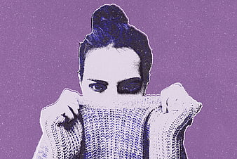Stylized woman with purple background holding sweater over face