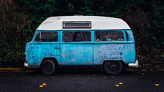 Vintage Blue Camper Van Parked on Street