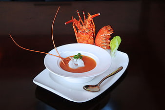 Gourmet Lobster Bisque Soup with Whole Lobster Garnish