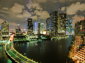 Aerial Night View of Miami Downtown Skyline and Biscayne Bay