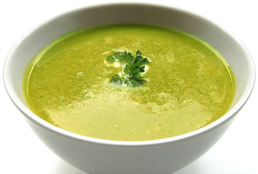 Creamy Green Vegetable Soup in White Bowl