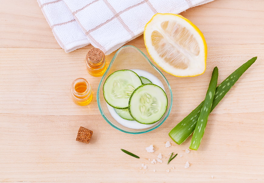 Natural Skincare Ingredients Flat Lay with Cucumber and Aloe Vera