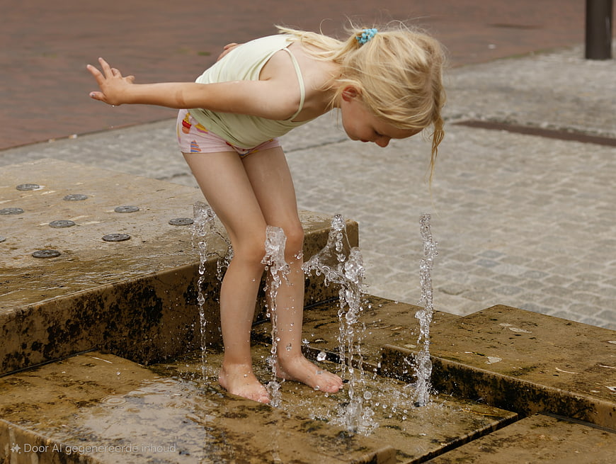 Young girl playing in outdoor water fountain jets