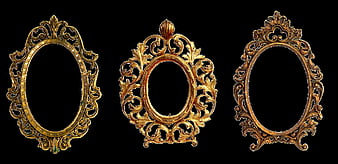 Three Ornate Gold Baroque Oval Frames on Black Background