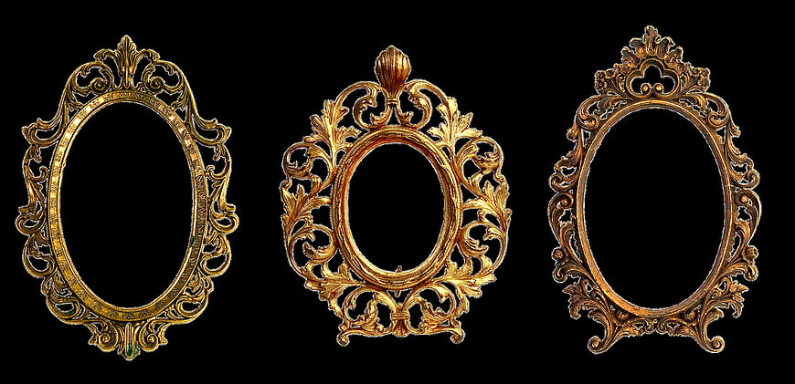 Three Ornate Gold Baroque Oval Frames on Black Background