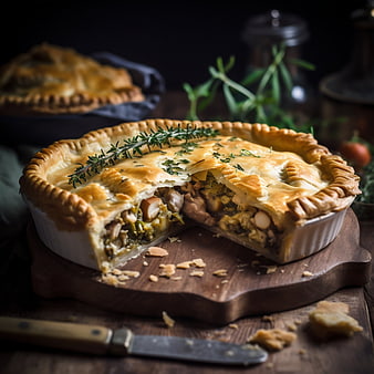 Savory meat pie with golden crust and herbs