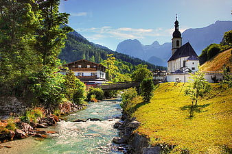 Alpine Village Landscape With Church And River In Berchtesgaden