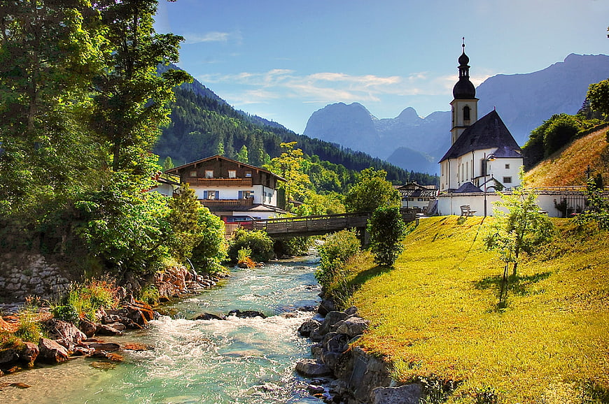 Alpine Village Landscape With Church And River In Berchtesgaden