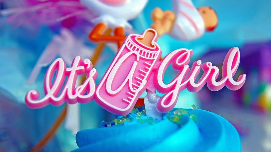 It's A Girl Cake Topper With Blue Frosting And Baby Bottle