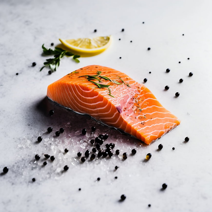 Fresh raw salmon fillet with lemon and spices on white background