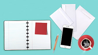 Flat lay of open notebook, smartphone, envelopes, pen, and coffee on teal background