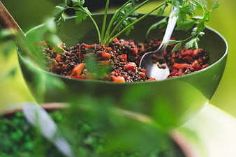 Healthy Lentil Salad with Roasted Vegetables in Green Bowl