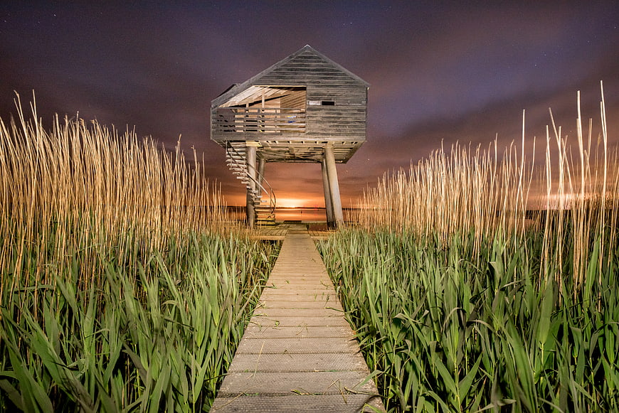 Wooden bird hide in reeds at night with starry sky