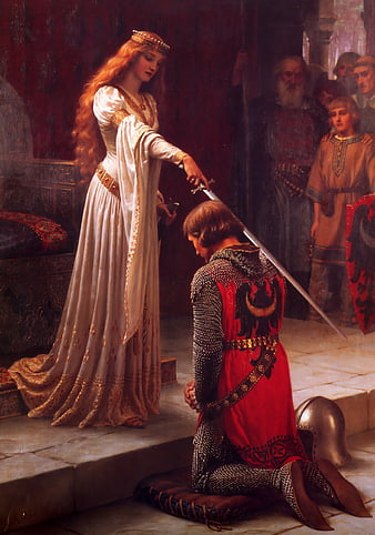 Medieval Knight Receiving Accolade from Queen in Painting