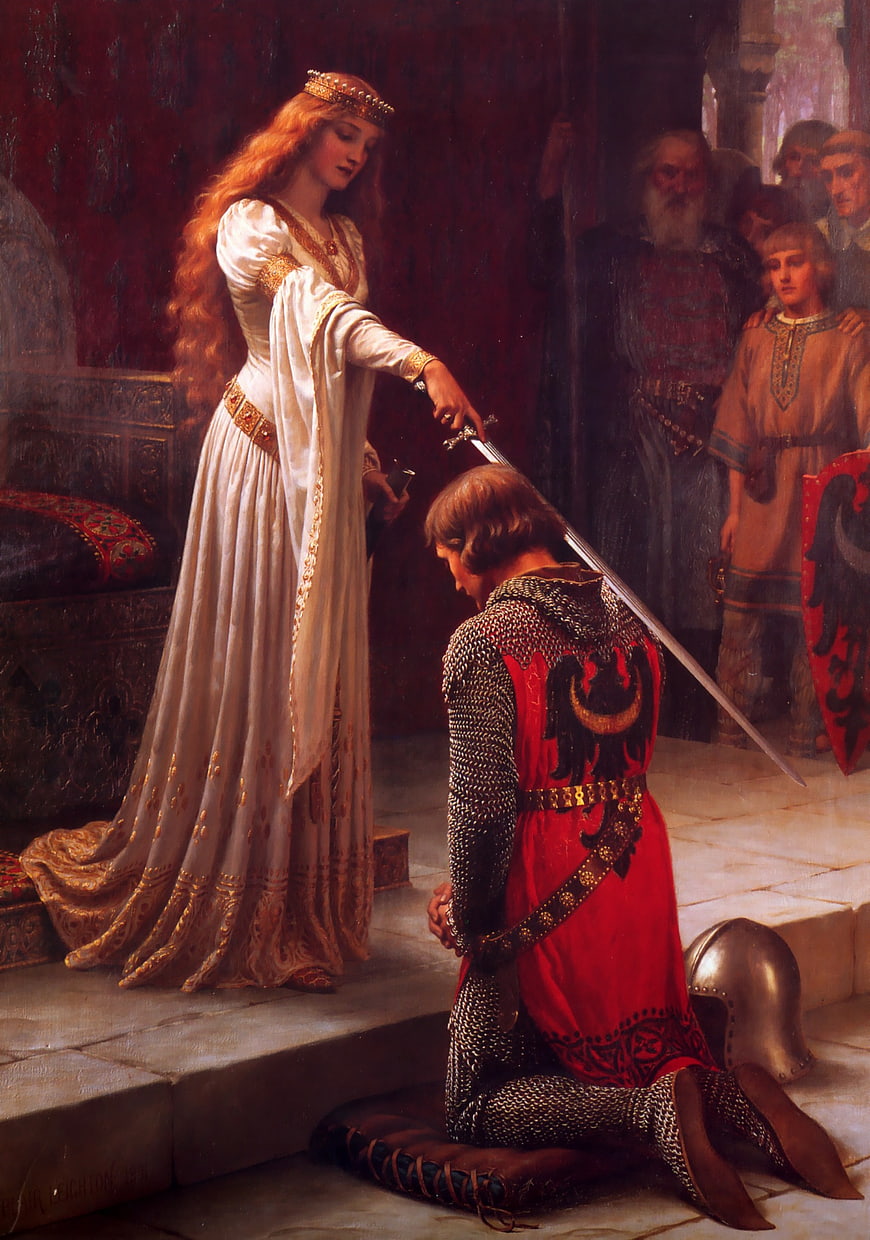 Medieval Knight Receiving Accolade from Queen in Painting
