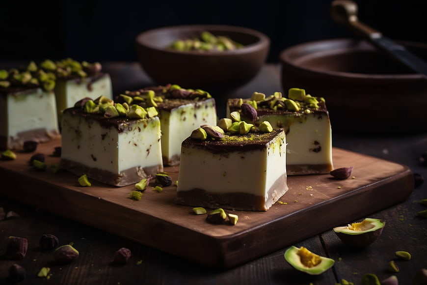 Pistachio Chocolate Dessert Squares on Wooden Board