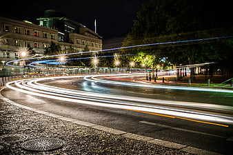 Long Exposure Night Traffic Light Trails on City Street