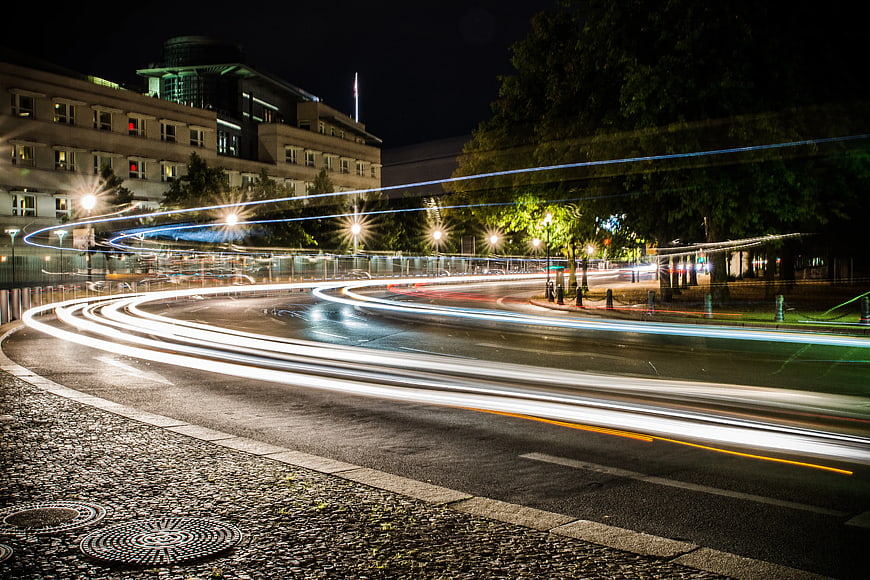 Long Exposure Night Traffic Light Trails on City Street