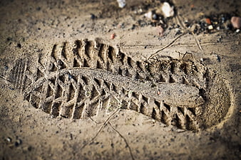 Close-up of detailed shoe tread print in dry sand