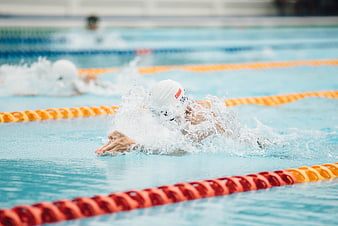 Swimmer performing butterfly stroke in pool lane