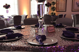 Elegant Purple Sequin Tablescape with Reserved Sign