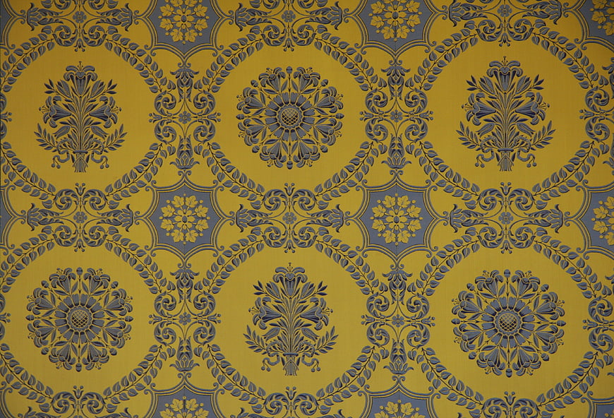Gold and Blue Baroque Floral Damask Pattern Wallpaper