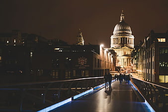 St Paul's Cathedral and Millennium Bridge at Night in London