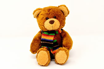 Brown Teddy Bear Wearing Colorful Knitted Scarf on White Background