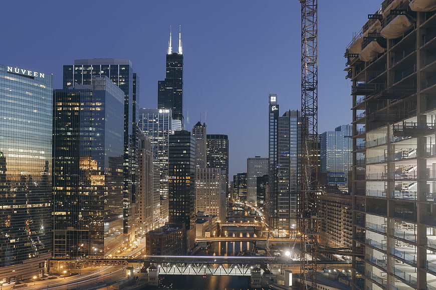 Chicago Skyline at Dusk with Willis Tower and Construction Crane