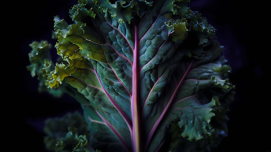 Close-up of fresh curly kale with purple veins on dark background