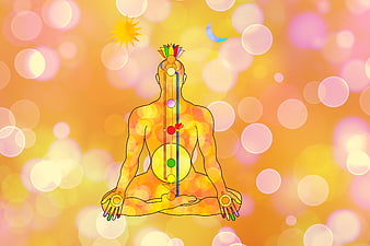 Meditating Figure With Chakra Energy Centers And Bokeh Background